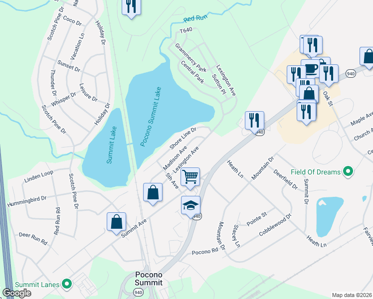 map of restaurants, bars, coffee shops, grocery stores, and more near 1250 Lexington Avenue in Pocono Summit