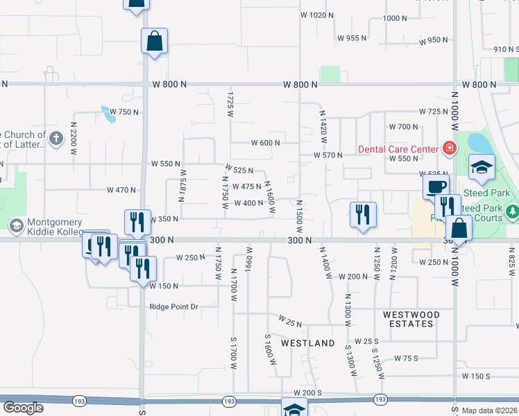 map of restaurants, bars, coffee shops, grocery stores, and more near 1385 West 400 North in West Point