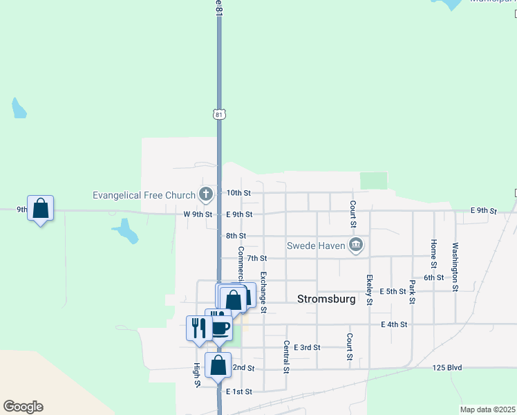 map of restaurants, bars, coffee shops, grocery stores, and more near 215 East 9th Street in Stromsburg
