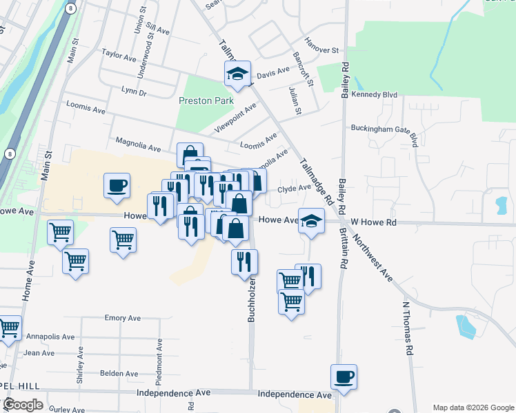 map of restaurants, bars, coffee shops, grocery stores, and more near 1220 Buchholzer Boulevard in Cuyahoga Falls