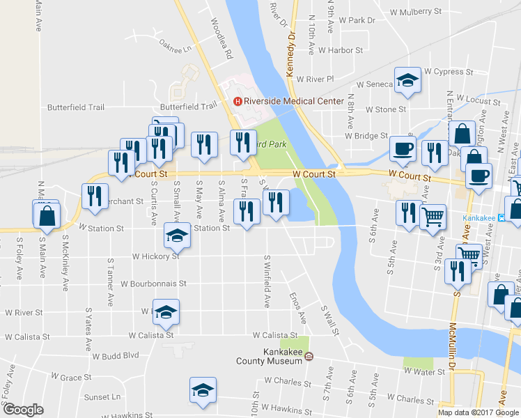 map of restaurants, bars, coffee shops, grocery stores, and more near 1130 West Merchant Street in Kankakee