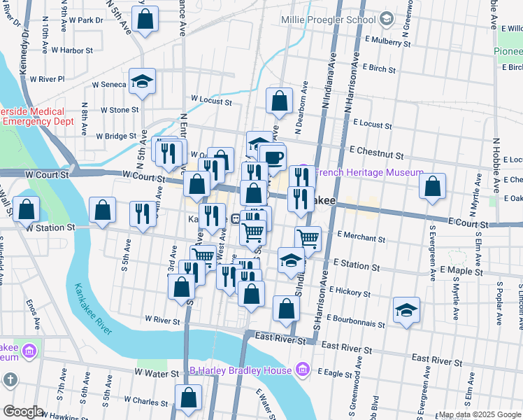 map of restaurants, bars, coffee shops, grocery stores, and more near 100-198 South Schuyler Avenue in Kankakee
