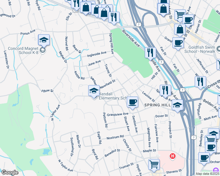 map of restaurants, bars, coffee shops, grocery stores, and more near 25 Richelieu Street in Norwalk