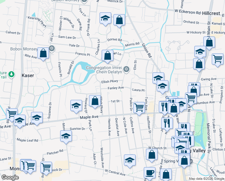 map of restaurants, bars, coffee shops, grocery stores, and more near 11 Fanley Avenue in Spring Valley