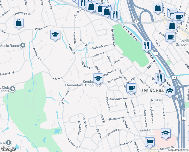 map of restaurants, bars, coffee shops, grocery stores, and more near 11 Kendall Court in Norwalk