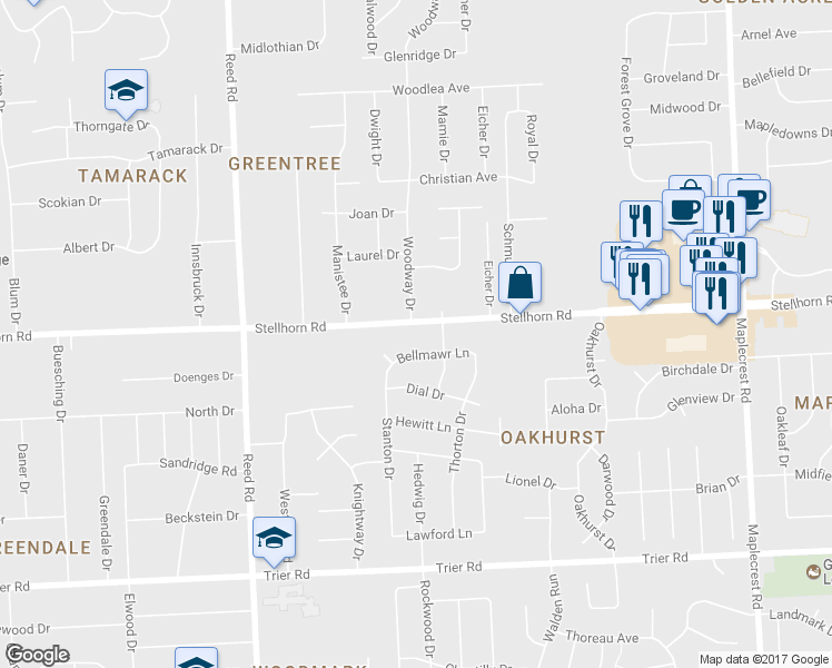 map of restaurants, bars, coffee shops, grocery stores, and more near 5316 Stellhorn Road in Fort Wayne