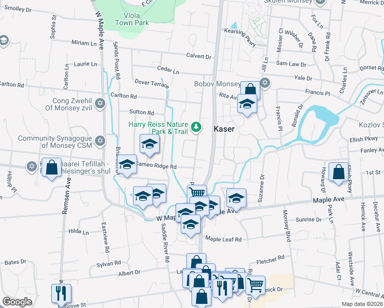map of restaurants, bars, coffee shops, grocery stores, and more near 11 Manor Drive in Monsey
