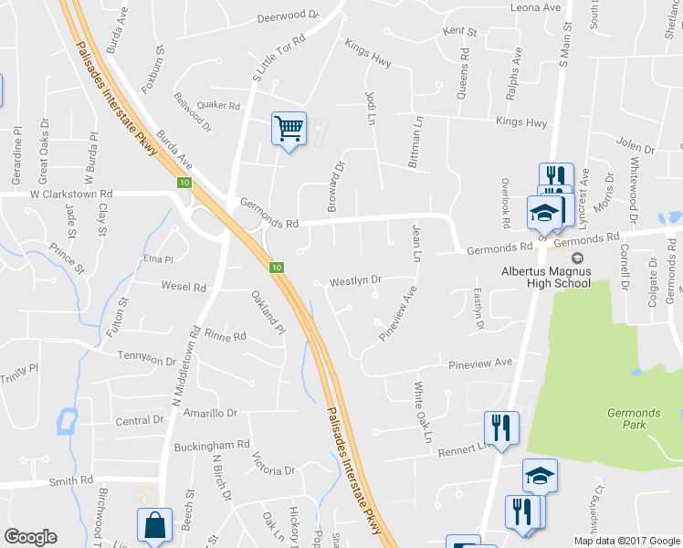map of restaurants, bars, coffee shops, grocery stores, and more near 38 Westlyn Drive in Bardonia