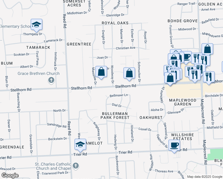 map of restaurants, bars, coffee shops, grocery stores, and more near 5308 Stellhorn Road in Fort Wayne