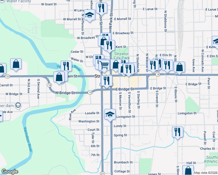 map of restaurants, bars, coffee shops, grocery stores, and more near 130 South Park Street in Streator