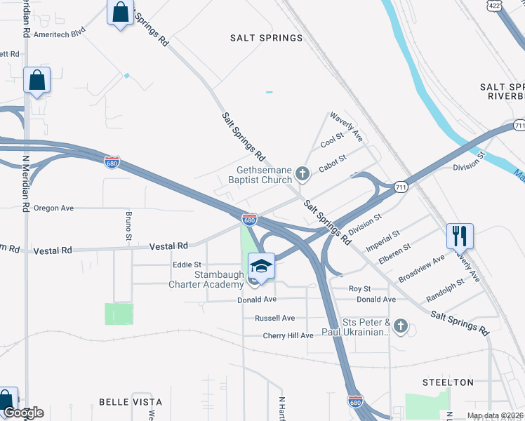 map of restaurants, bars, coffee shops, grocery stores, and more near 2464 Vestal Road in Youngstown