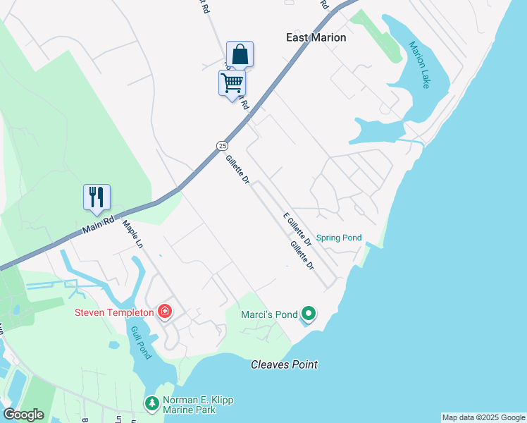 map of restaurants, bars, coffee shops, grocery stores, and more near 1200 Gillette Drive in East Marion