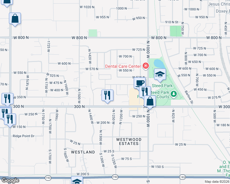 map of restaurants, bars, coffee shops, grocery stores, and more near 411 North 1250 West in Clearfield