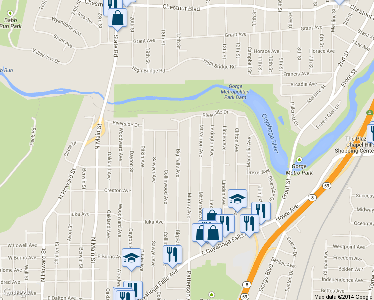 map of restaurants, bars, coffee shops, grocery stores, and more near 1252 Murray Ave in Akron