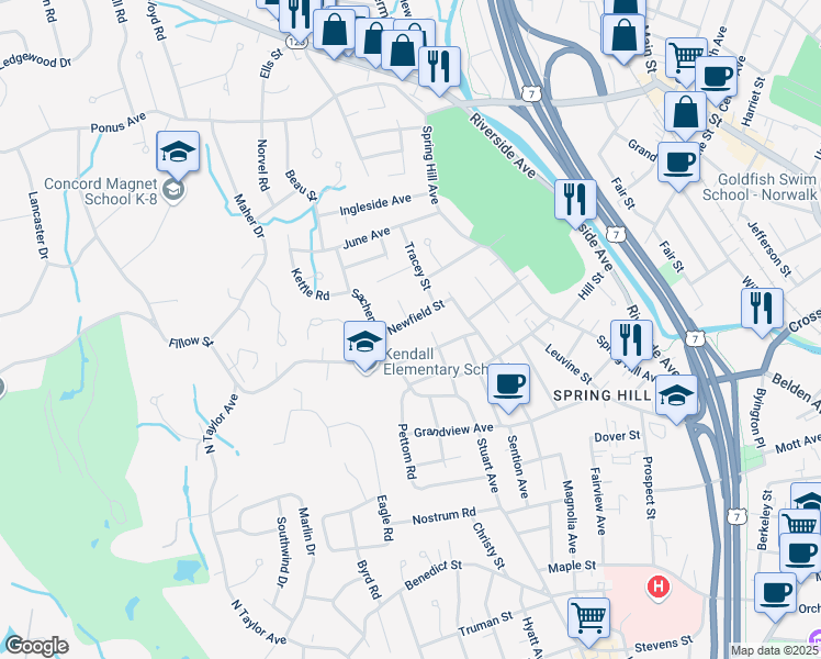 map of restaurants, bars, coffee shops, grocery stores, and more near 25 Richelieu Street in Norwalk