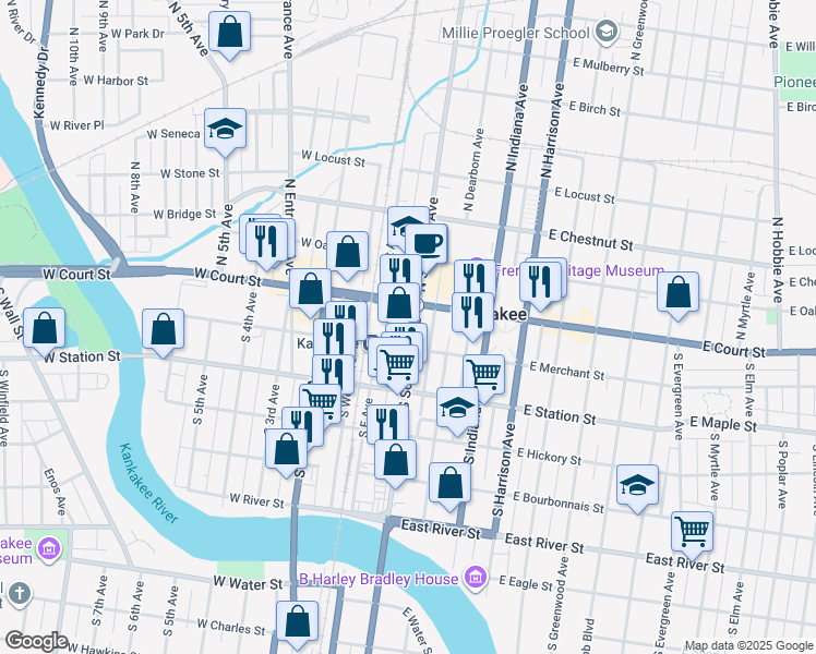 map of restaurants, bars, coffee shops, grocery stores, and more near 100-198 South Schuyler Avenue in Kankakee