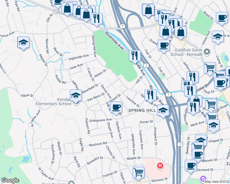 map of restaurants, bars, coffee shops, grocery stores, and more near 1 Beverly Place in Norwalk