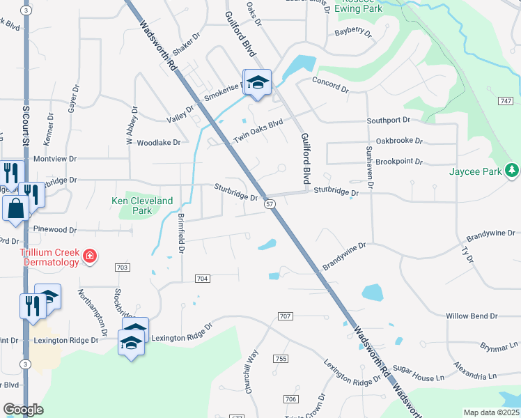 map of restaurants, bars, coffee shops, grocery stores, and more near 650 Sturbridge Drive in Medina