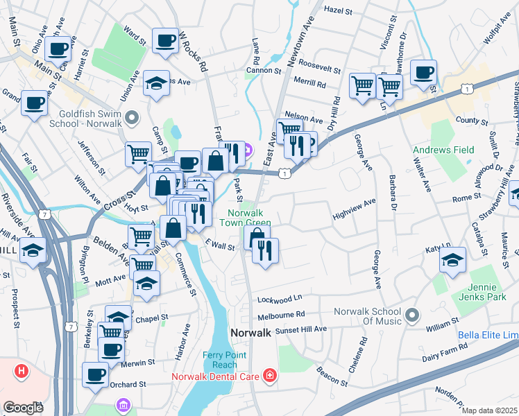 map of restaurants, bars, coffee shops, grocery stores, and more near 69 East Avenue in Norwalk