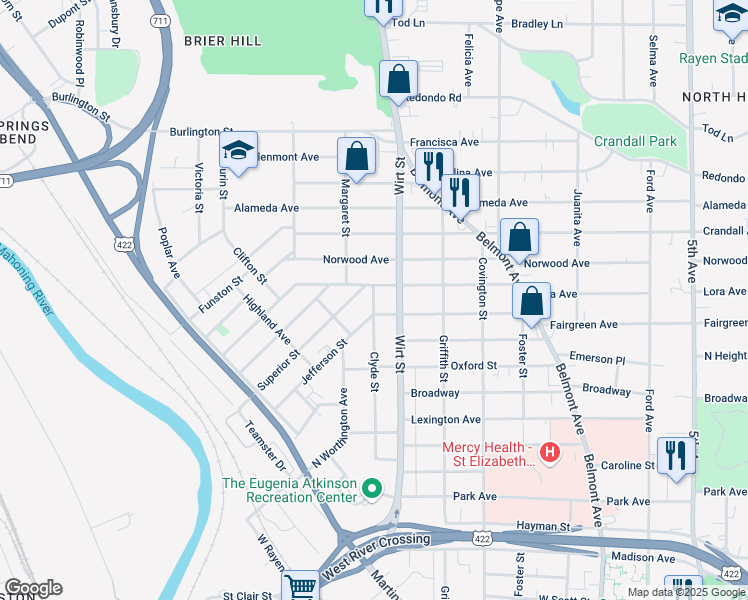 map of restaurants, bars, coffee shops, grocery stores, and more near 704 Clyde Street in Youngstown