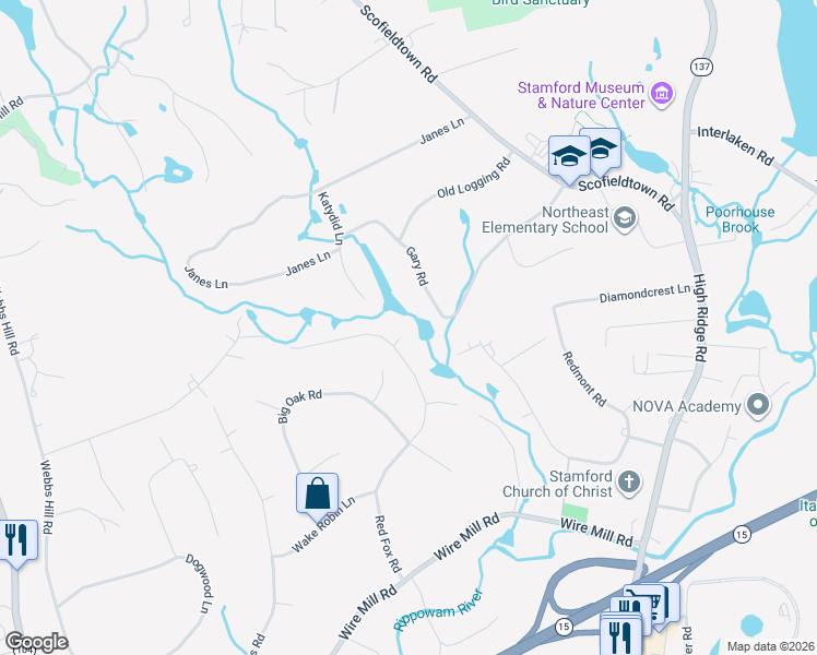 map of restaurants, bars, coffee shops, grocery stores, and more near 223 Red Fox Road in Stamford