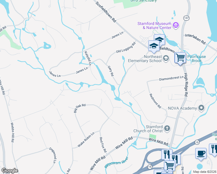 map of restaurants, bars, coffee shops, grocery stores, and more near 223 Red Fox Road in Stamford
