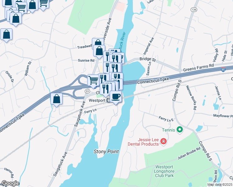 map of restaurants, bars, coffee shops, grocery stores, and more near 2-12 Railroad Pl in Westport