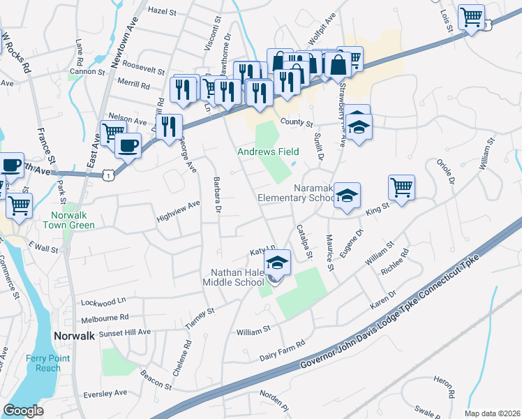 map of restaurants, bars, coffee shops, grocery stores, and more near 60 Walter Avenue in Norwalk