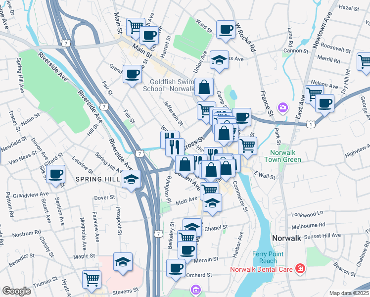 map of restaurants, bars, coffee shops, grocery stores, and more near 35 Hoyt Street in Norwalk