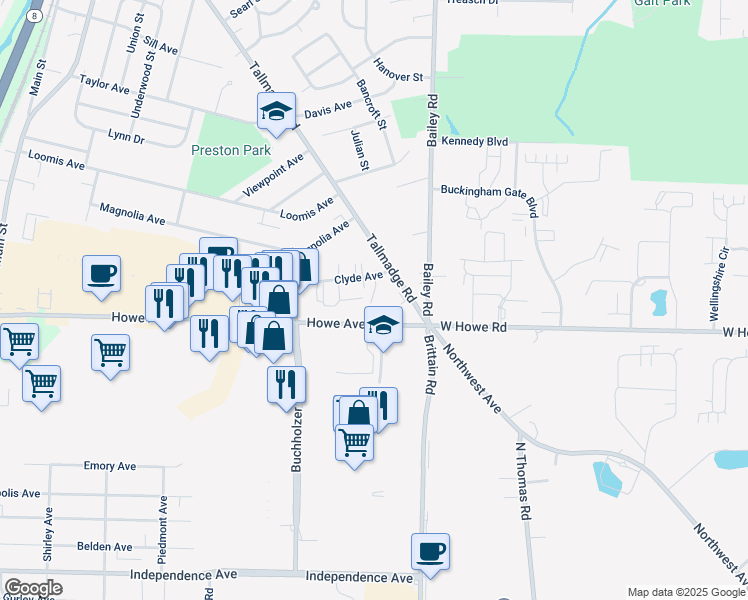 map of restaurants, bars, coffee shops, grocery stores, and more near 1053 Howe Avenue in Cuyahoga Falls