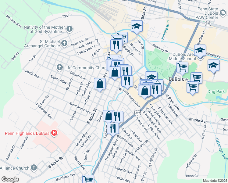 map of restaurants, bars, coffee shops, grocery stores, and more near 111 South Franklin Street in DuBois