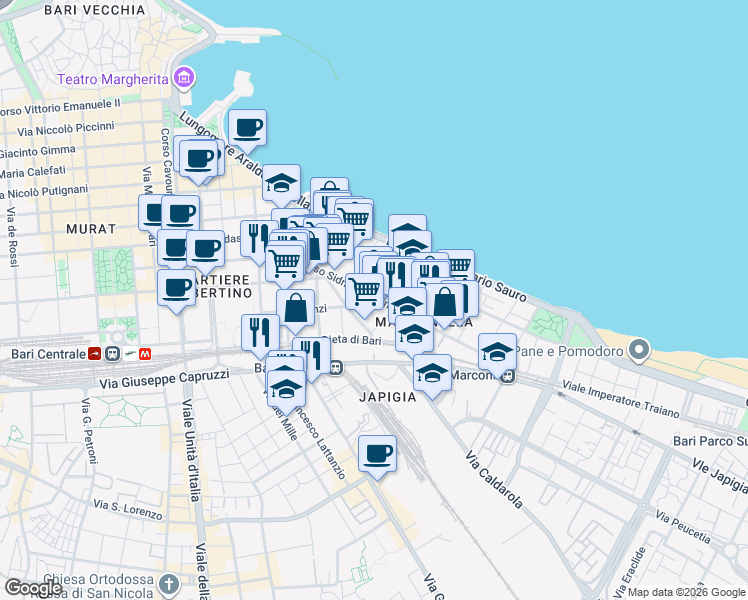 map of restaurants, bars, coffee shops, grocery stores, and more near 10 Via Cattaro in Bari