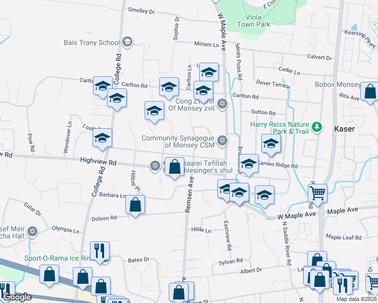 map of restaurants, bars, coffee shops, grocery stores, and more near 18 Mountain Avenue in Monsey