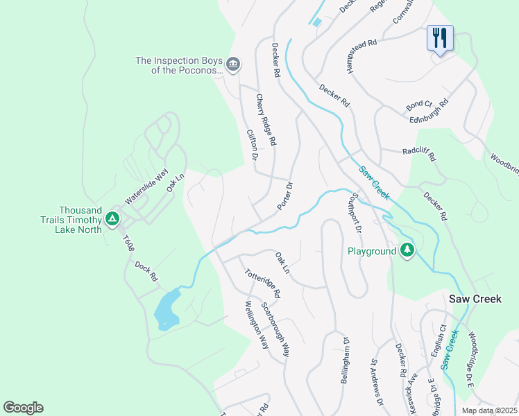 map of restaurants, bars, coffee shops, grocery stores, and more near 110 Park Court in Bushkill