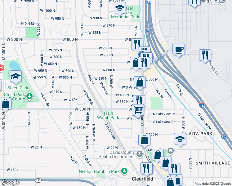 map of restaurants, bars, coffee shops, grocery stores, and more near 180 West 400 North in Clearfield