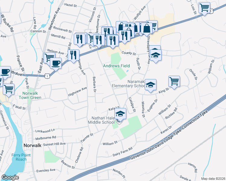 map of restaurants, bars, coffee shops, grocery stores, and more near 60 Walter Avenue in Norwalk