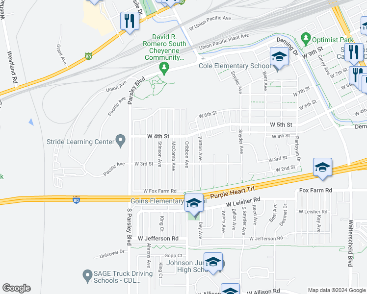 map of restaurants, bars, coffee shops, grocery stores, and more near 336 Cribbon Avenue in Cheyenne