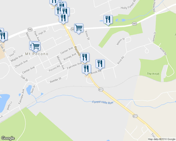 map of restaurants, bars, coffee shops, grocery stores, and more near 31 Pocono Boulevard in Mount Pocono