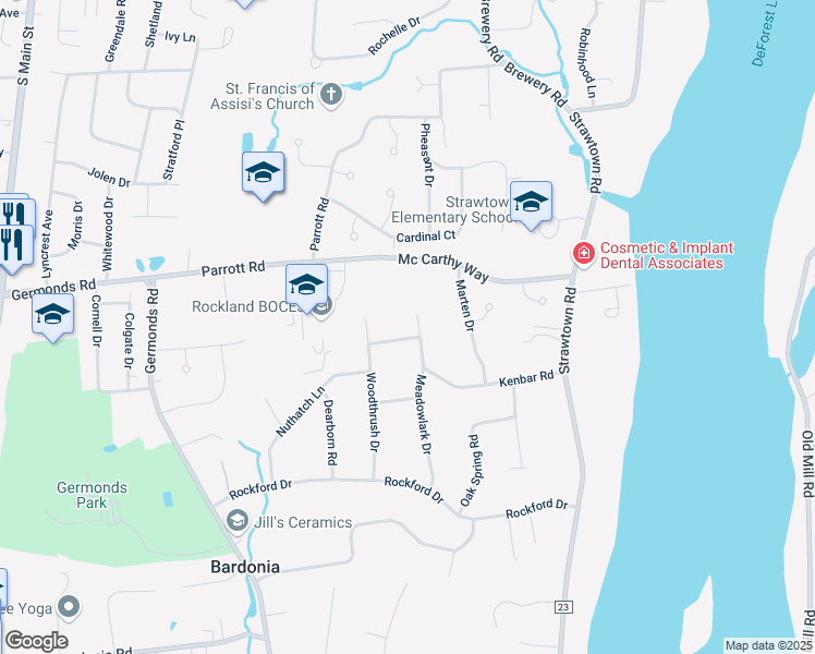 map of restaurants, bars, coffee shops, grocery stores, and more near 19 Meadowlark Drive in West Nyack