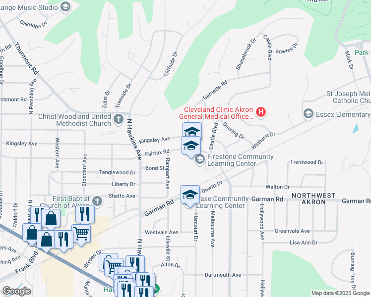 map of restaurants, bars, coffee shops, grocery stores, and more near 1540 Fairfax Road in Akron