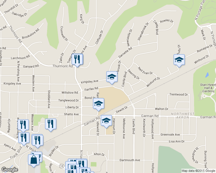map of restaurants, bars, coffee shops, grocery stores, and more near 1540 Fairfax Road in Akron