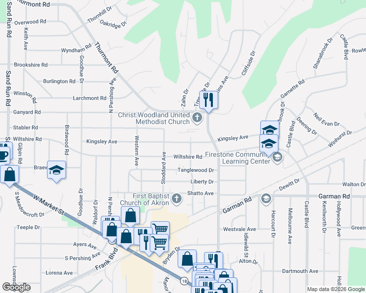 map of restaurants, bars, coffee shops, grocery stores, and more near 1730 Kingsley Avenue in Akron
