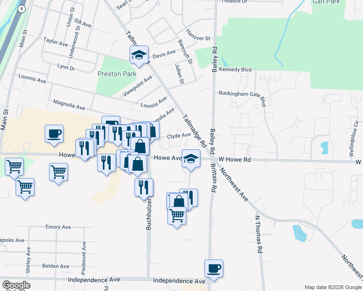 map of restaurants, bars, coffee shops, grocery stores, and more near 1053 Howe Avenue in Cuyahoga Falls