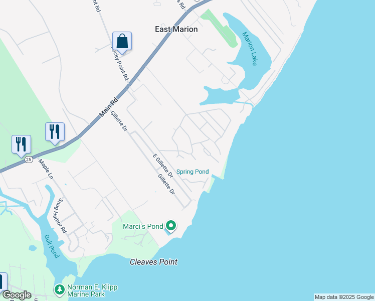 map of restaurants, bars, coffee shops, grocery stores, and more near 665 Bayview Drive in East Marion