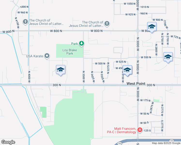 map of restaurants, bars, coffee shops, grocery stores, and more near 399 North 3425 West in West Point