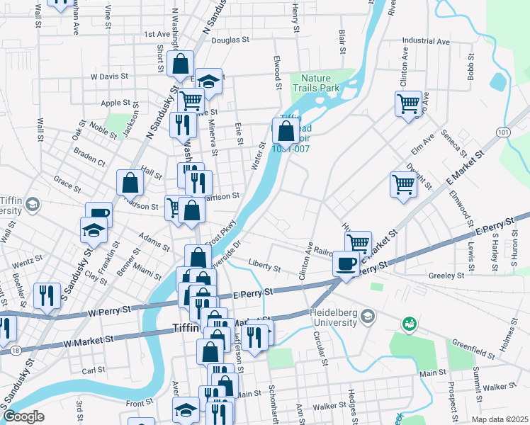 map of restaurants, bars, coffee shops, grocery stores, and more near 140 Riverside Drive in Tiffin
