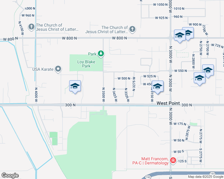 map of restaurants, bars, coffee shops, grocery stores, and more near 399 North 3425 West in West Point