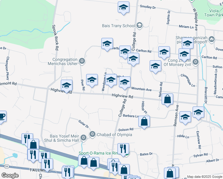 map of restaurants, bars, coffee shops, grocery stores, and more near 70 Highview Road in Monsey