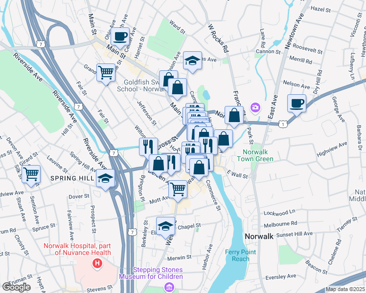 map of restaurants, bars, coffee shops, grocery stores, and more near 2-16 Hoyt Street in Norwalk