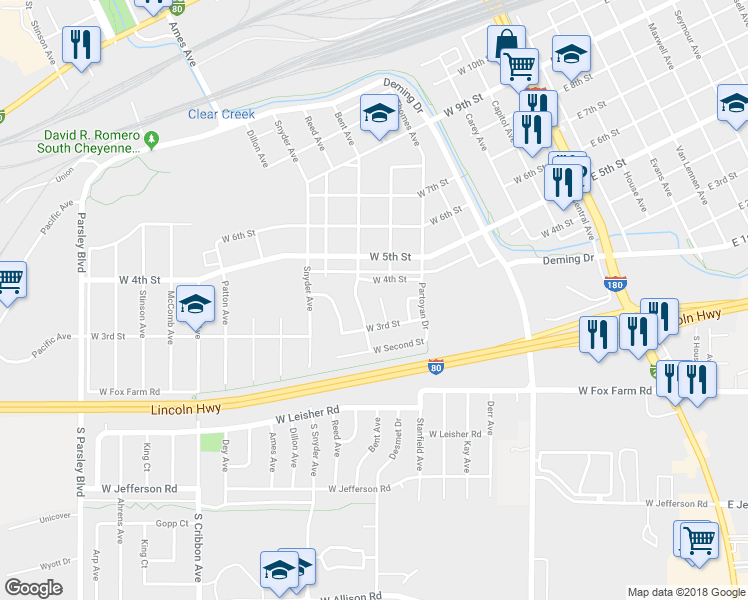 map of restaurants, bars, coffee shops, grocery stores, and more near 338 Annie Morgan Court in Cheyenne